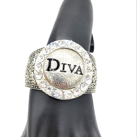 Diva Rhinestone Engraved Statement Wide Cuff Spring Bangle Bracelet - Picture 2 of 9